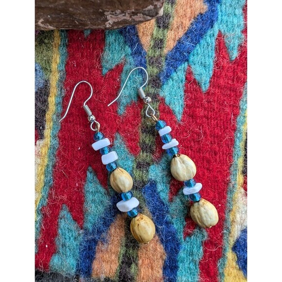 Vintage Seed & Blue Bead Earrings, Southwestern Jewelry - Picture 1 of 10